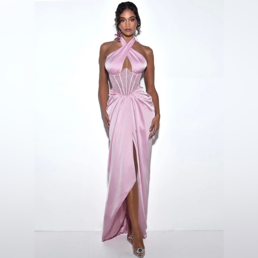 Noemie Pink Crystal Corset Satin Gown